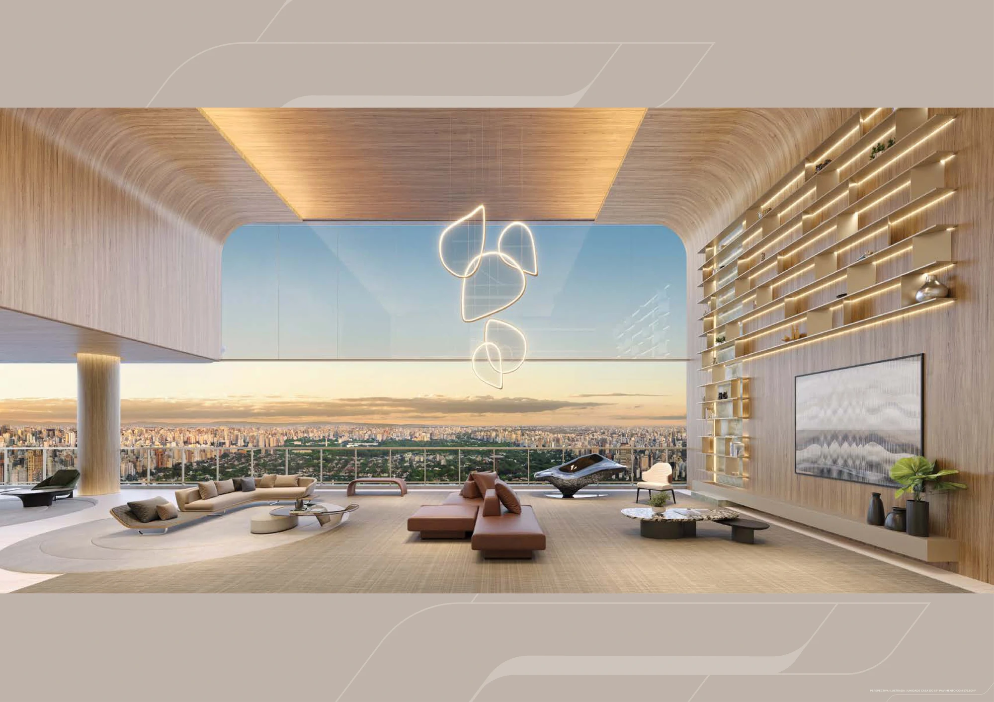 Amplo living integrado com caixilhos de piso ao teto e vista para o Jardim Europa (Página 46 do Book)